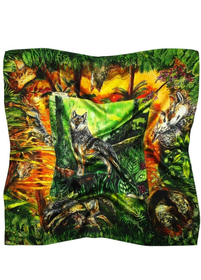 AD-004 Jedwabna apaszka z wilkami zielona 88x88cm